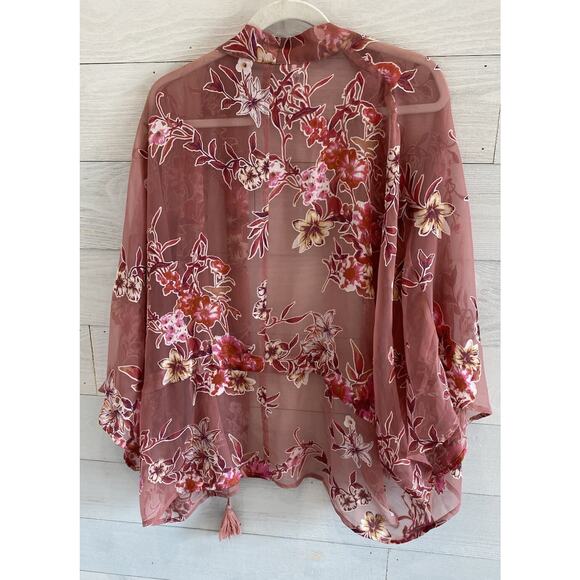 Womens Pink Floral Sheer Kimono One Size Pool Beach Cover Up Sexy Robe Tassels - Picture 3 of 5